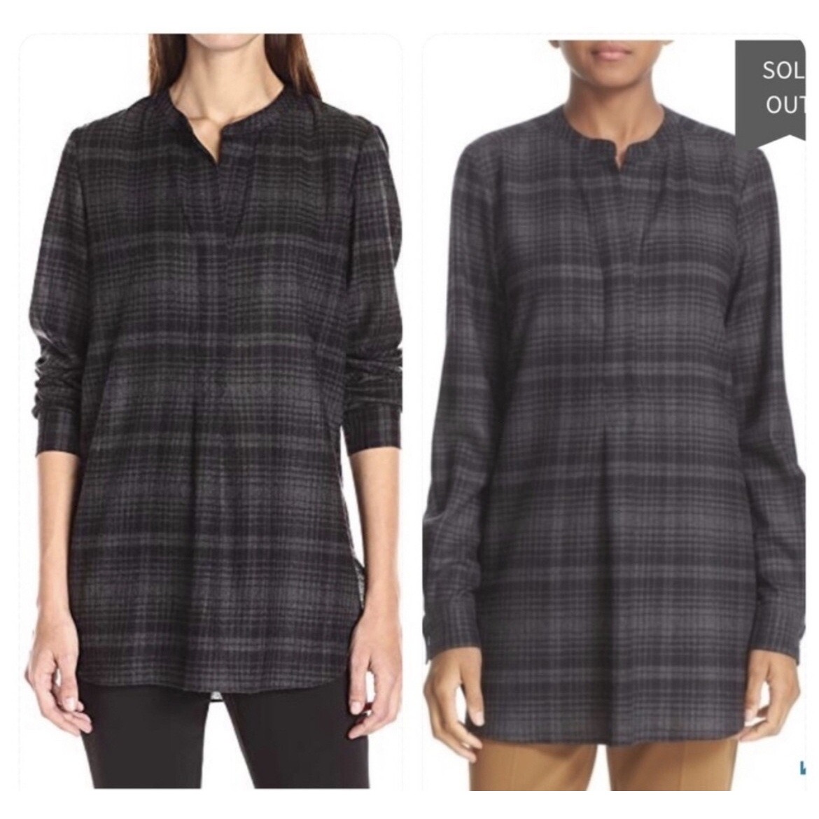 Theory Orvinio Avalon Plaid Wool Tunic Top Medium Grey Black L/S Minimalist